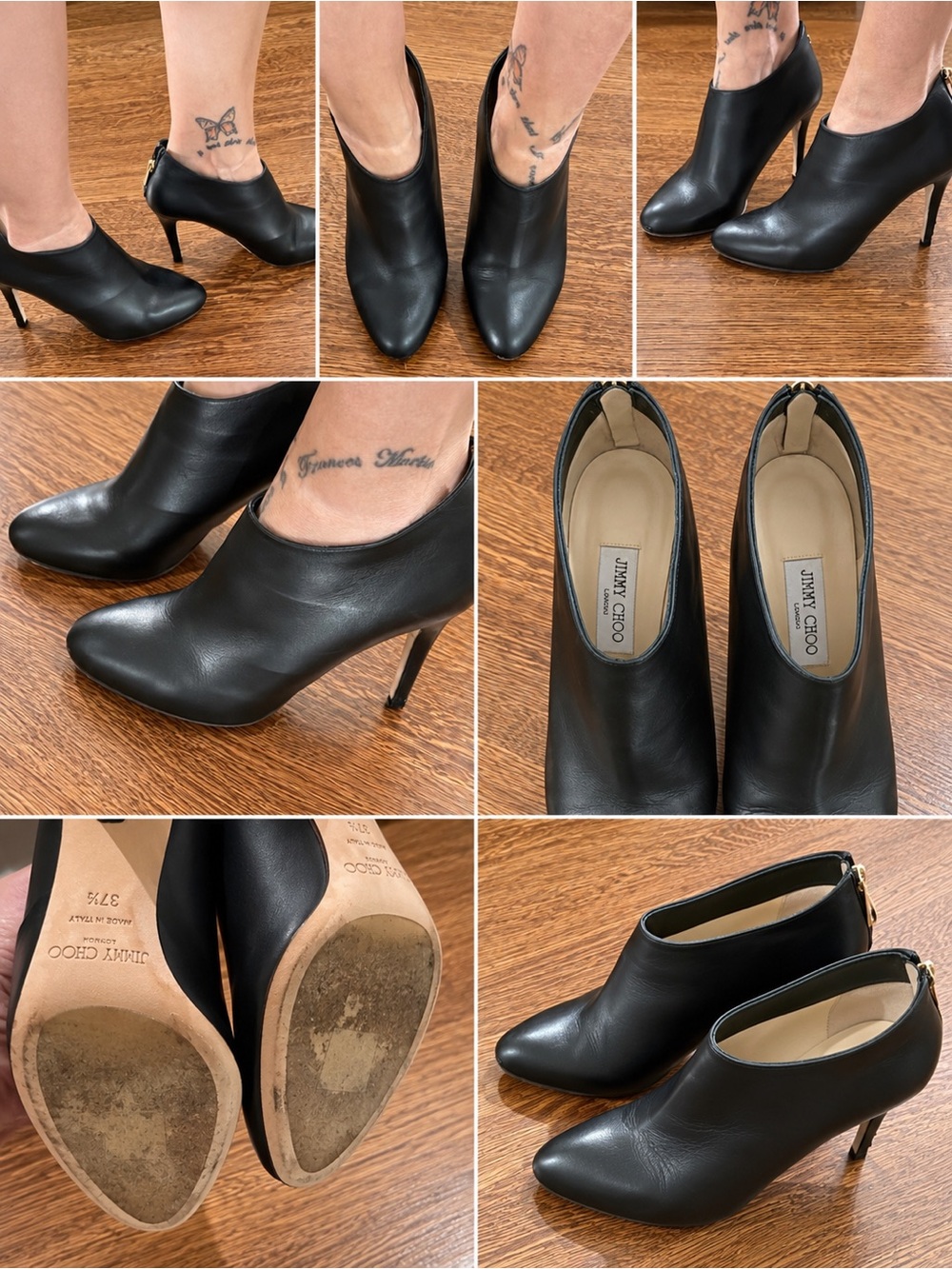 Jimmy Choo Mendez Black Leather Pointed Ankle Booties with Back Zip 37 1/2